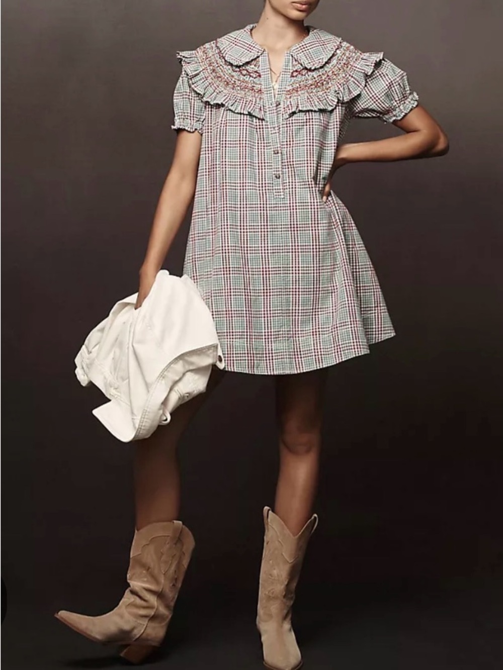 NWOT Pilcro Anthropologie Plaid Smocked Babydoll Mini Dress XL